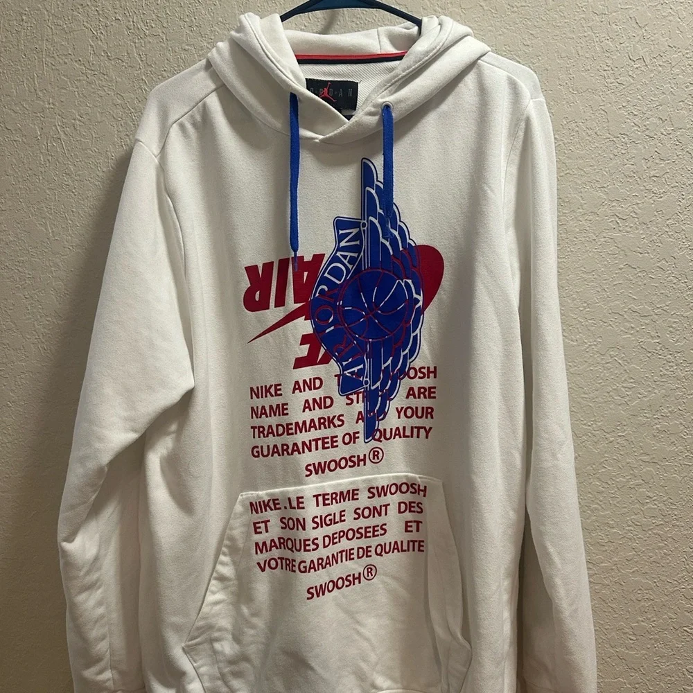 Nike Air Jordan White Hoodie with Blue and Red Graphic Mens Size Large